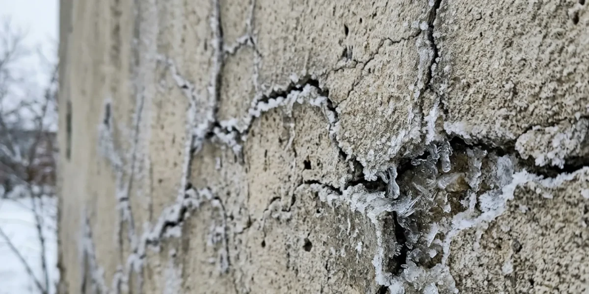 Cracked and spalling stucco on an Edmonton home exterior caused by repeated winter freeze-thaw cycles