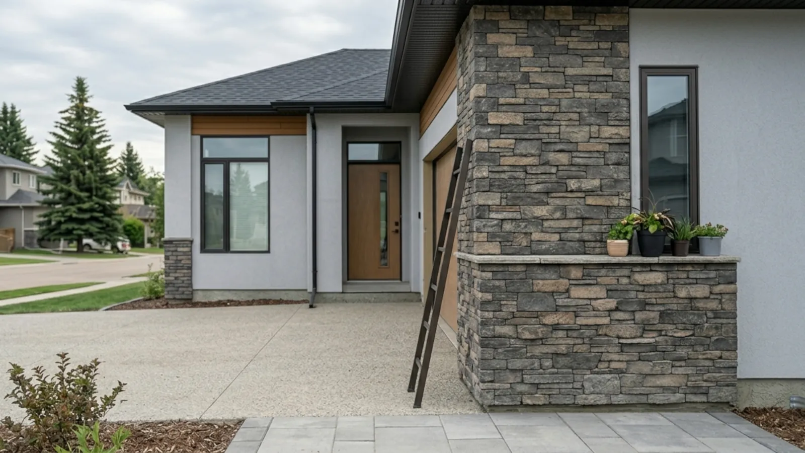 Completed stone veneer feature wall on modern Edmonton home exterior showing stacked stone and ledgestone installation