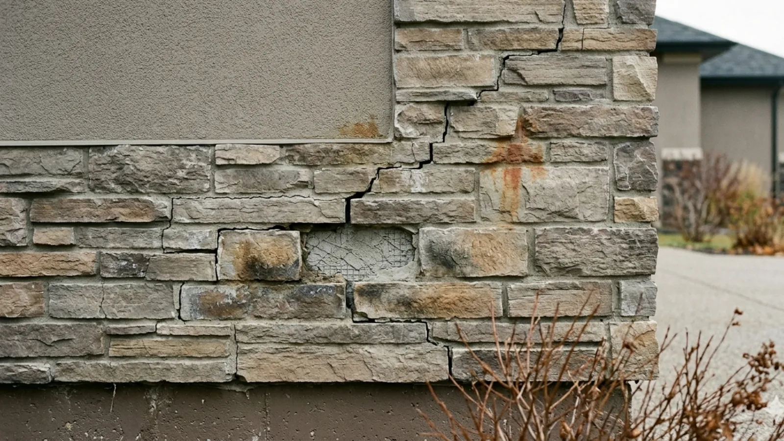Damaged culture stone veneer on Edmonton home exterior showing cracked mortar joints, loose stone sections, and localized water staining indicating need for repair