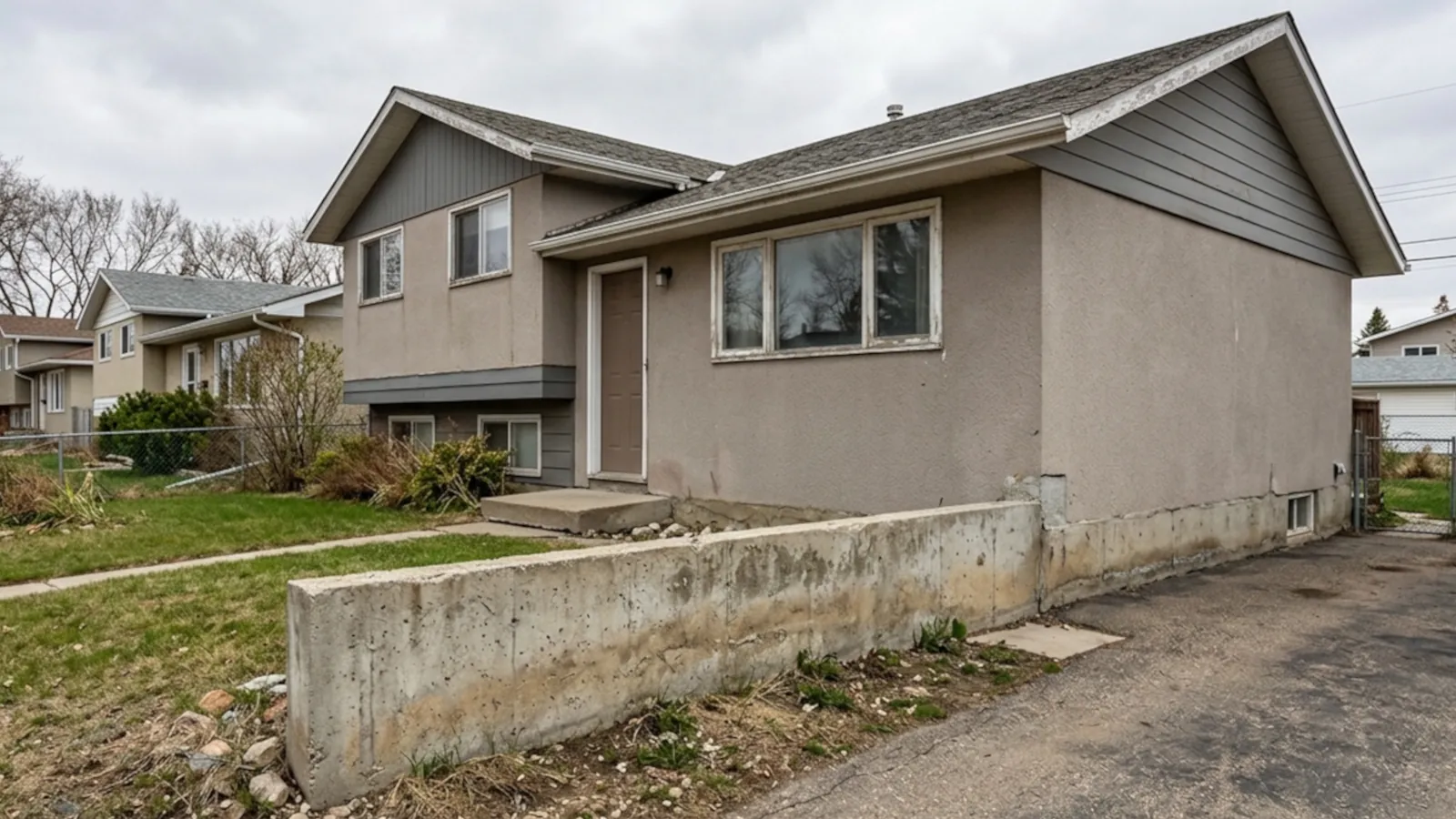 Exposed concrete foundation on Edmonton home exterior showing unfinished base below siding