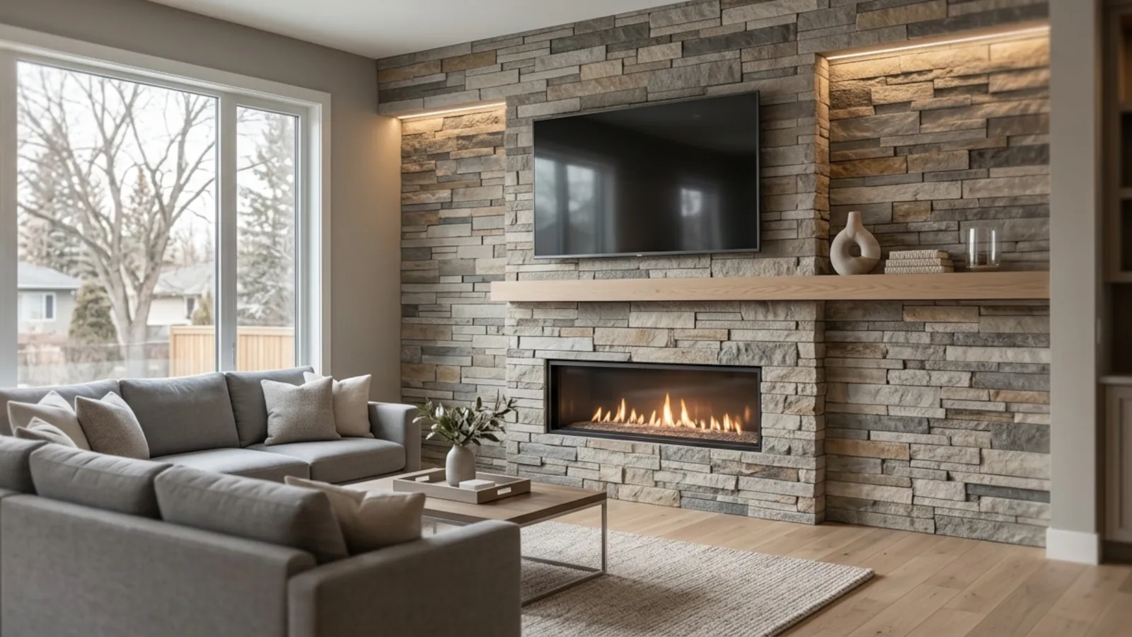 Modern interior living room in Edmonton home showing upgraded fireplace feature wall with stacked stone and culture stone veneer in contemporary renovated design