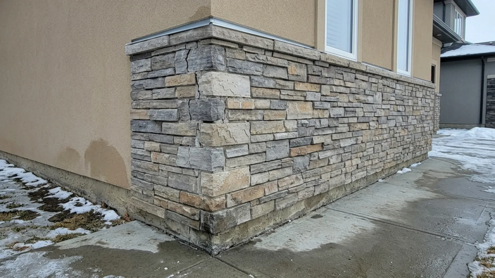 Stone veneer exterior wall on Edmonton home showing freeze-thaw damage with cracked mortar joints and stone movement