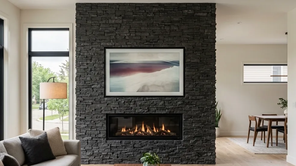 Modern stacked stone fireplace feature wall and TV wall in Edmonton home showing clean linear stone veneer interior upgrade