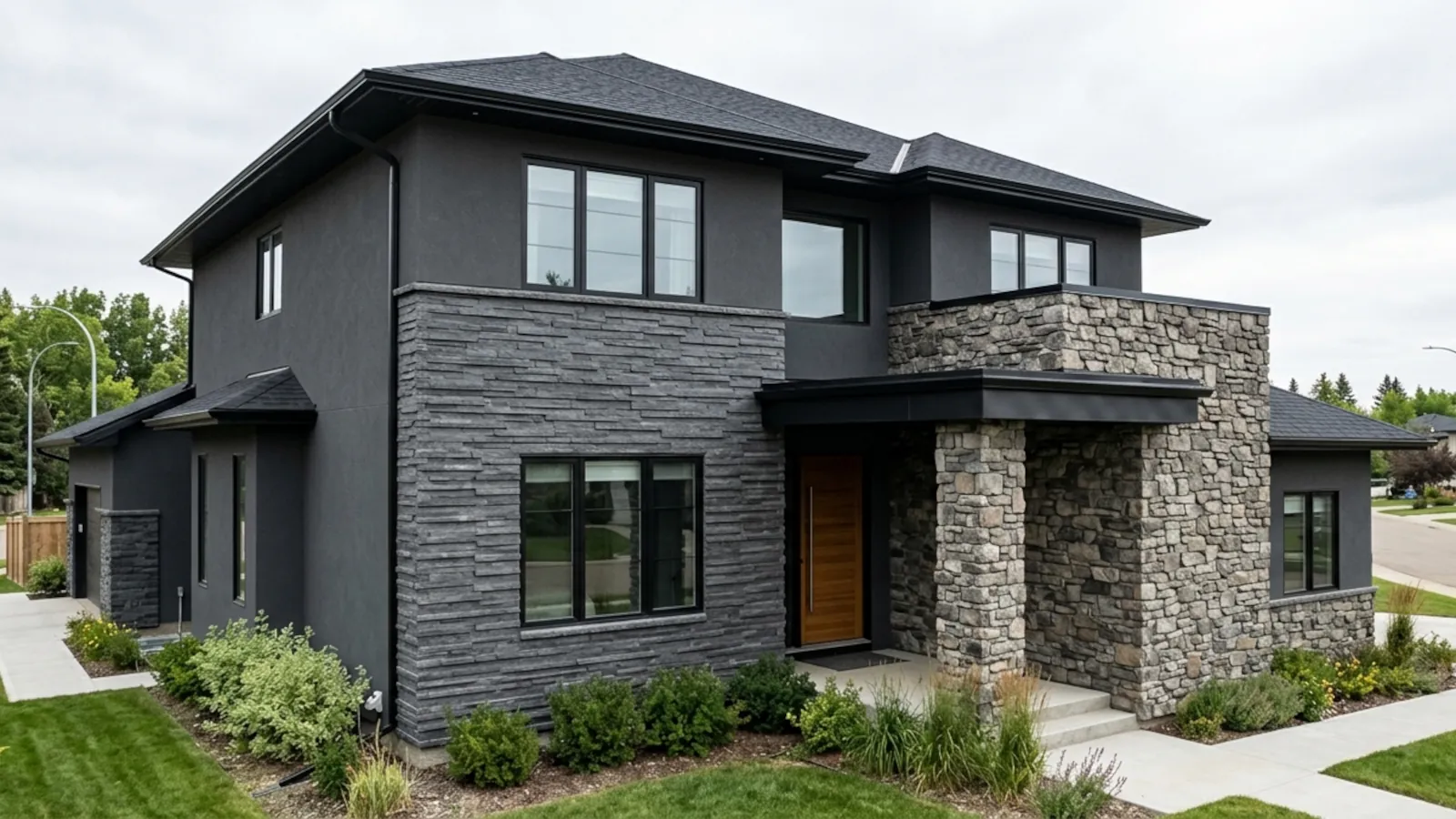 Stacked stone vs ledgestone comparison on Edmonton home exterior showing modern linear stacked stone versus textured ledgestone finish