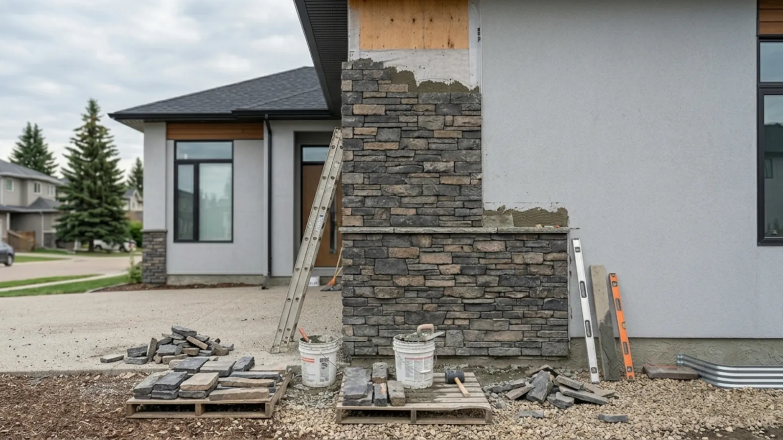 Stone veneer installation process on Edmonton feature wall showing professional application beside stucco exterior siding