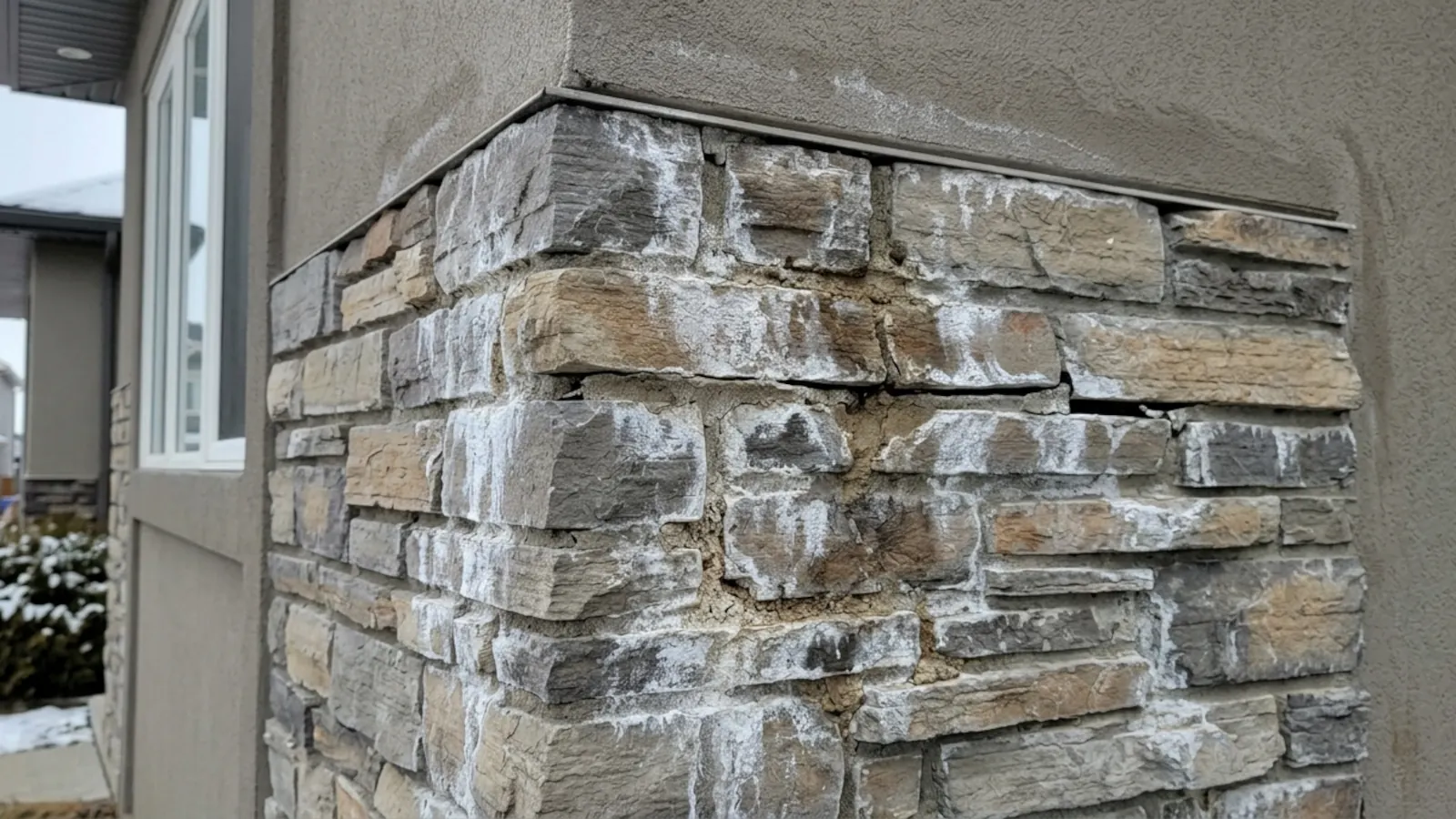 Stone veneer wall on Edmonton home showing water damage with efflorescence staining, moisture discoloration, and early adhesion failure behind veneer