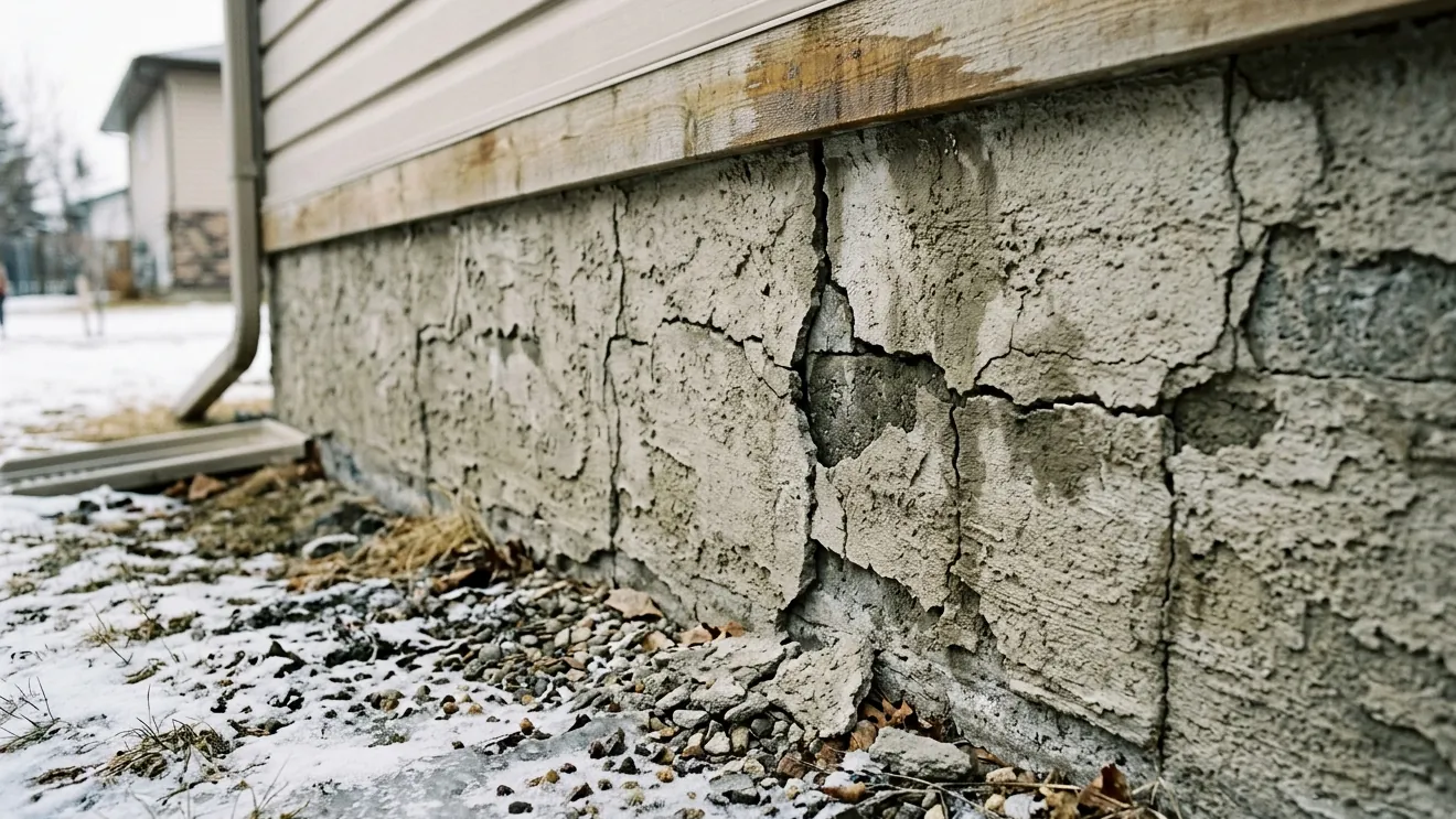 Close-up of severely cracked and damaged parging on a home foundation in Edmonton showing freeze thaw damage