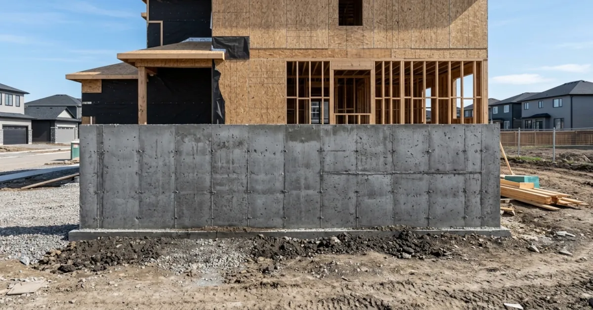 Bare unfinished concrete foundation wall on a new construction home in Edmonton showing uncoated above-grade concrete with form tie holes and rough surface