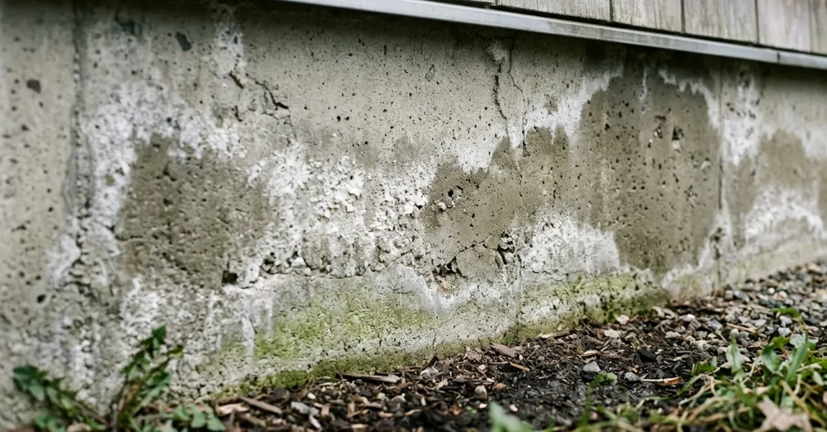 Exterior concrete foundation in Edmonton with white efflorescence deposits, dark persistent damp staining, and surface spalling caused by moisture penetration