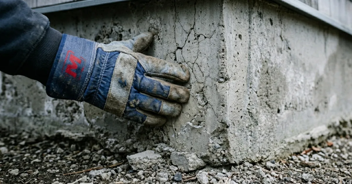 Close-up of a gloved hand pressing against an Edmonton residential foundation wall checking for hollow spots and surface delamination during a parging assessment