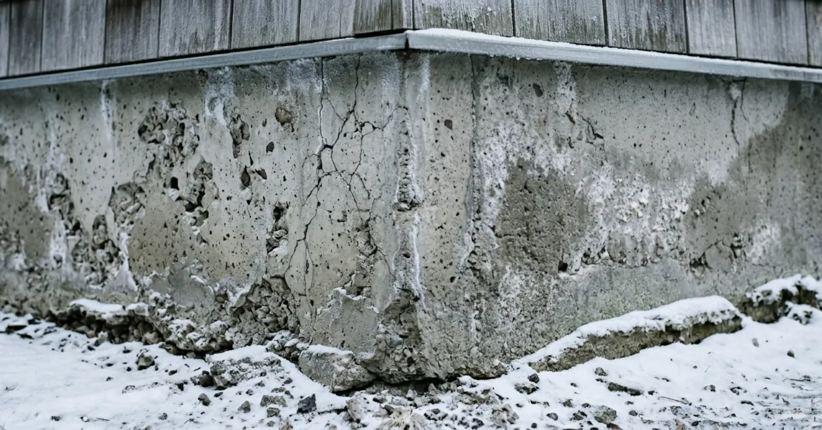 Severely spalled concrete foundation in Edmonton after repeated winter freeze-thaw cycles showing surface chips, pitting, and crumbling edges with snow at the base