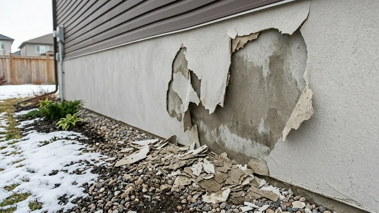 Close-up of parging peeling and falling off a residential foundation wall in Edmonton showing exposed concrete and moisture damage behind the surface