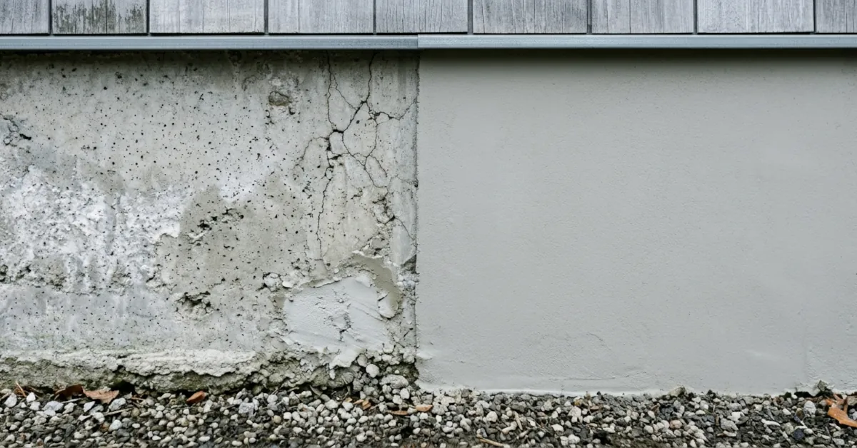 Edmonton foundation wall showing the visual difference between a small patched parging repair with mismatched colour on the left and a fresh full parging replacement on the right