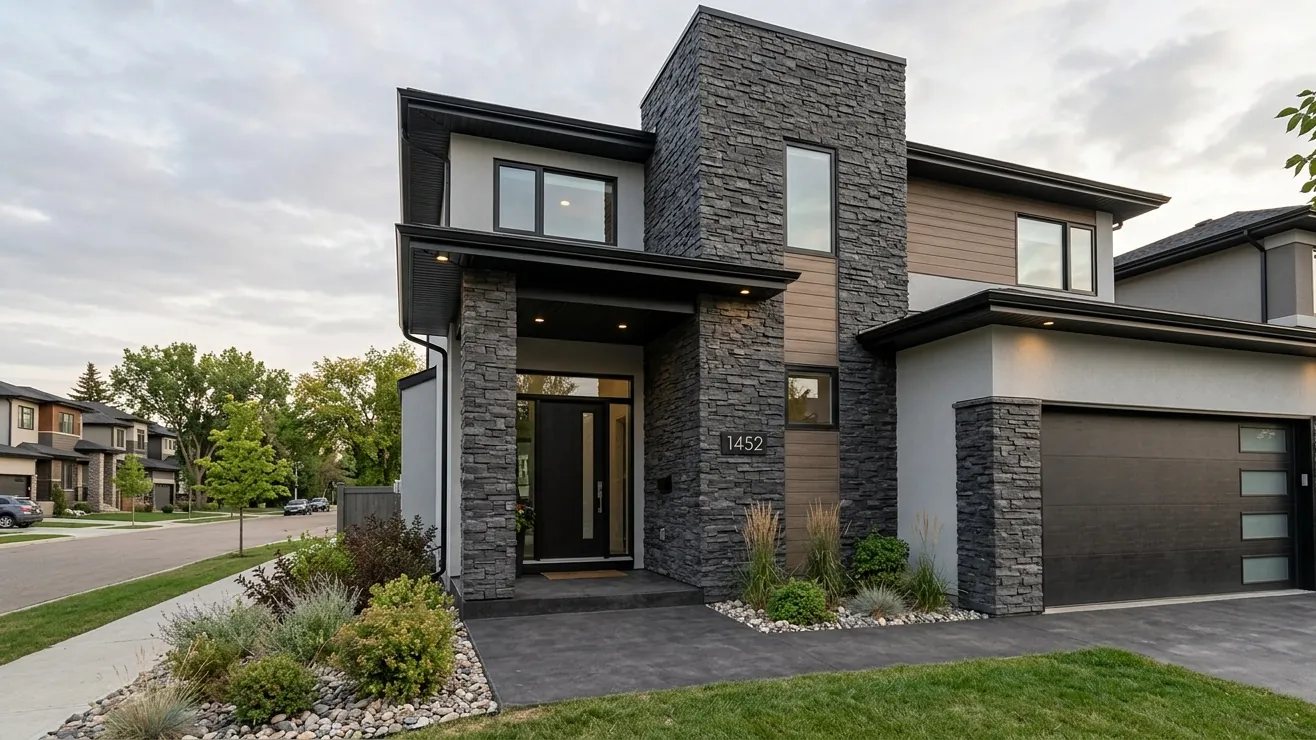 Modern Edmonton home exterior with stacked stone feature wall and stucco siding showing professional culture stone installation